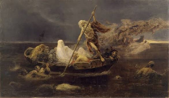 Pintura de Caronte guiando una barca de almas a través de aguas oscuras