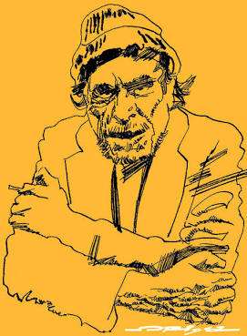 Ilustración de línea de Charles Bukowski con los brazos cruzados, sobre fondo amarillo