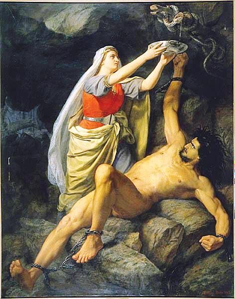 Pintura clásica de una mujer entregando un cáliz a un hombre encadenado sobre unas rocas
