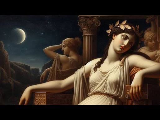 Aergia, diosa griega de la pereza, reclinada bajo la luna