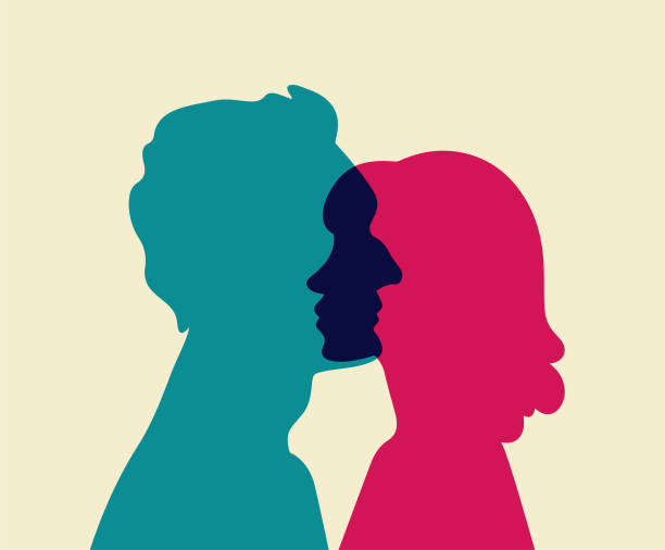 Dos siluetas de perfil, una teal y una rosa, que se superponen dejando entre ambas el perfil oscuro de un tercer rostro