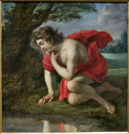 Pintura clásica de Narciso arrodillado junto al agua, contemplando su propio reflejo