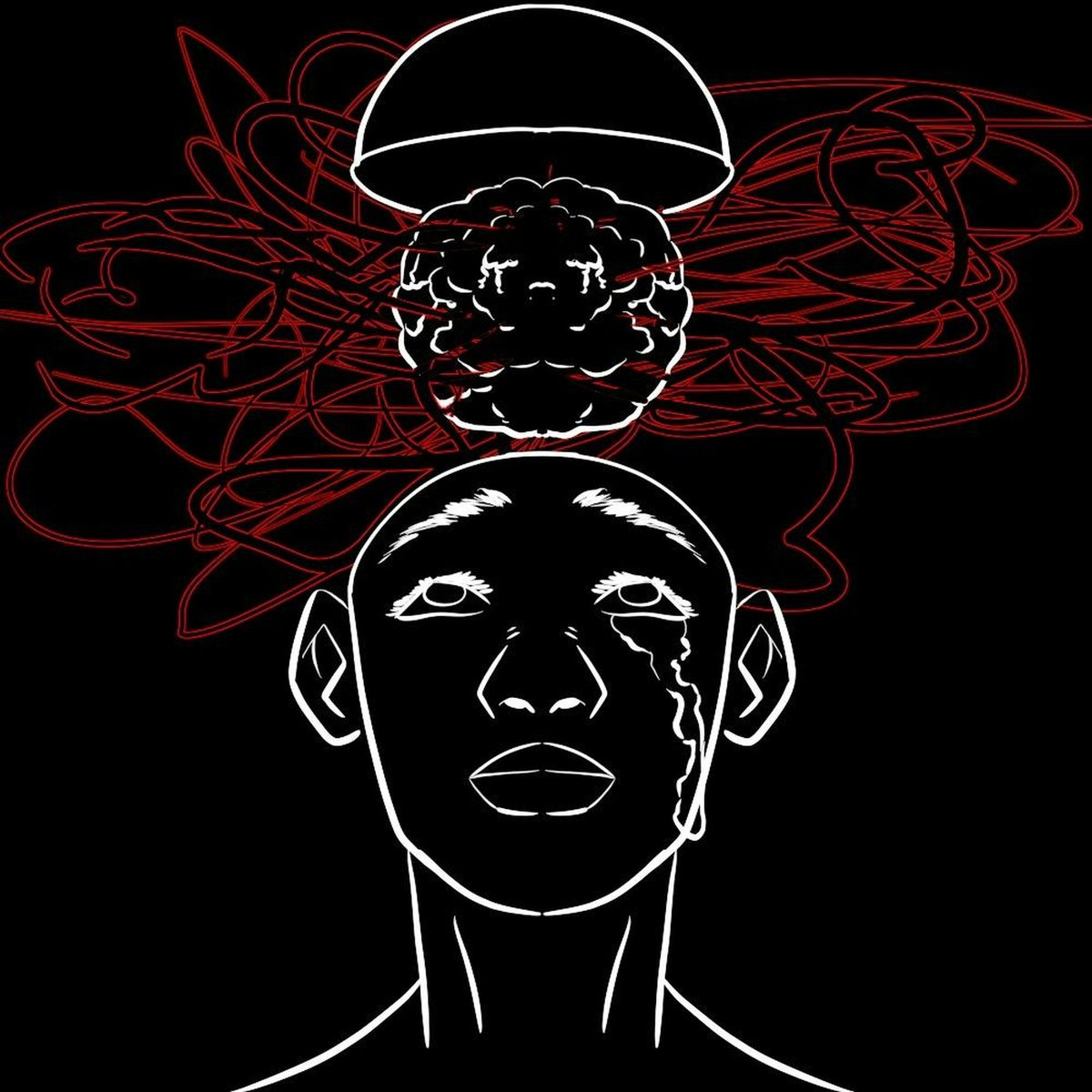 Ilustración en blanco y negro de un rostro con una lágrima, con la parte superior del cráneo levantada sobre un cerebro envuelto en líneas rojas enredadas