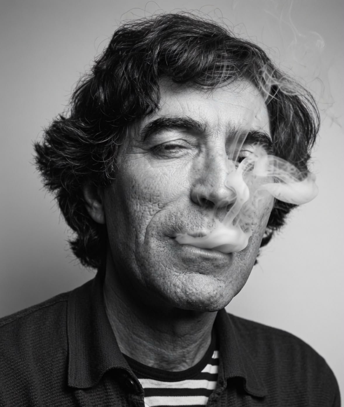 Retrato en blanco y negro de un hombre exhalando humo, con la mirada entrecerrada