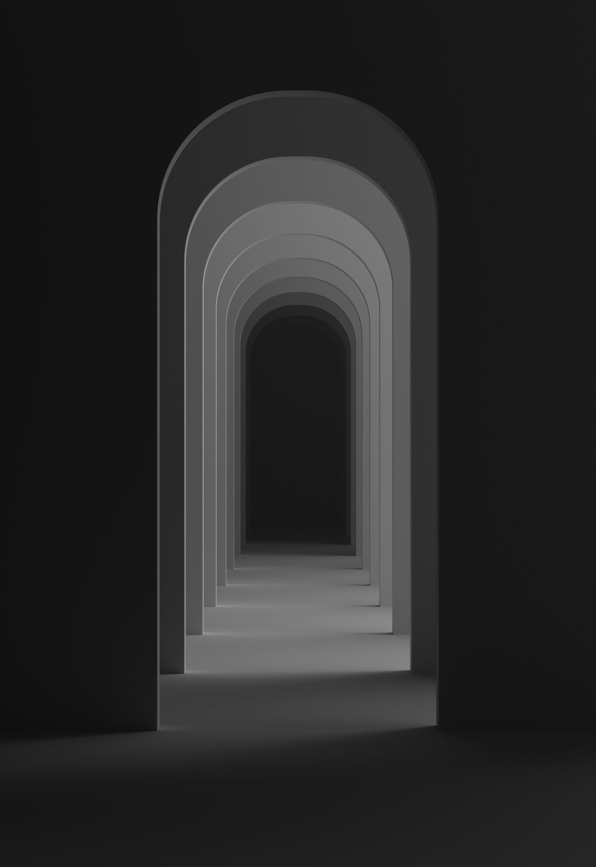 Serie de arcos en perspectiva formando un pasillo oscuro que se aleja hacia la luz