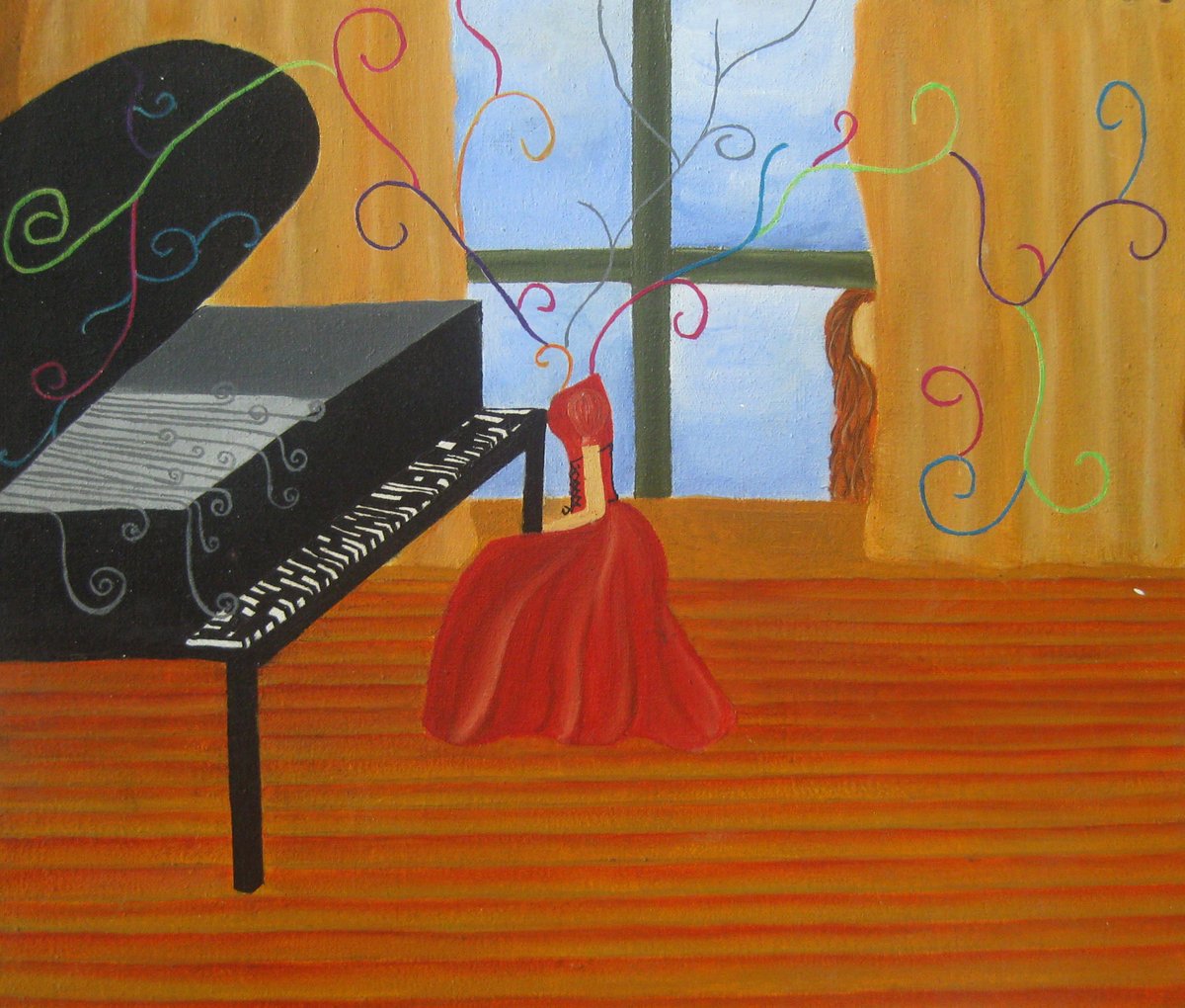 Pintura de un piano de cola junto a una ventana, con un vestido rojo e hilos de colores